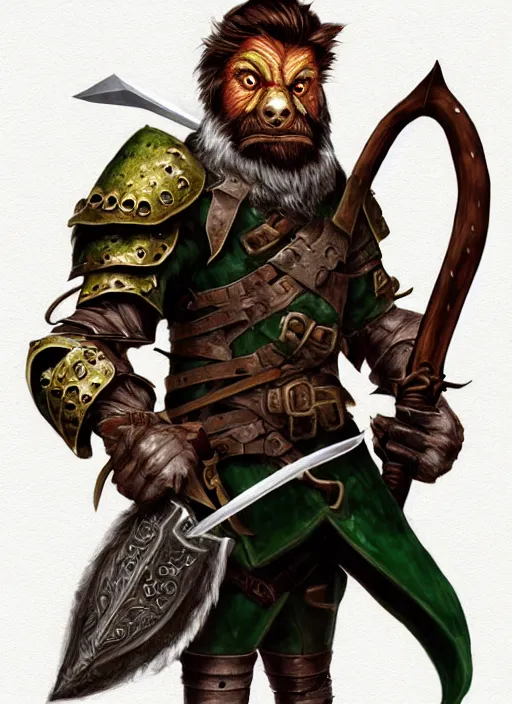 Image similar to strong young man, photorealistic bugbear ranger holding a flaming sword, black beard, dungeons and dragons, pathfinder, roleplaying game art, hunters gear, jeweled ornate leather and steel armour, concept art, character design on white background, by alan lee, norman rockwell, makoto shinkai, kim jung giu, poster art, colours red and green