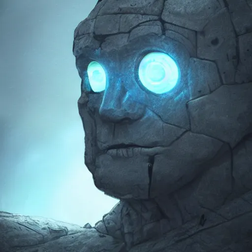 Prompt: a stone golem with blue glowing eyes, dramatic lighting, cinematic, establishing shot, extremely high detail, photo realistic, cinematic lighting, post processed, concept art, artstation, matte painting, style by eddie mendoza, raphael lacoste, alex ross