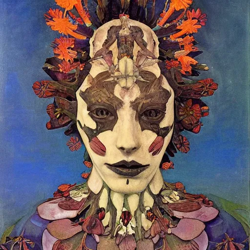 Image similar to the queen of flowers and bones, by Annie Swynnerton and Nicholas Roerich and Diego Rivera, bioluminescent skin, elaborate costume, geometric ornament, symbolist, cool colors, smooth, sharp focus, extremely detailed