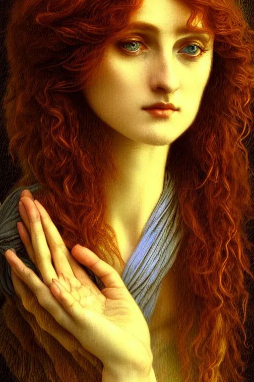 Image similar to gentle muse - priestess of the pre - raphaelites, complex, highly detailed, art station, illustration, jurgens, rutkovsky, bugro, volumetric dynamic lighting, highly detailed, cinematic lighting