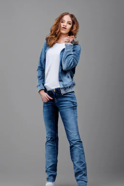 Prompt: full - body shot female fashion model wearing jeans and hoodie on white background for ecommerce