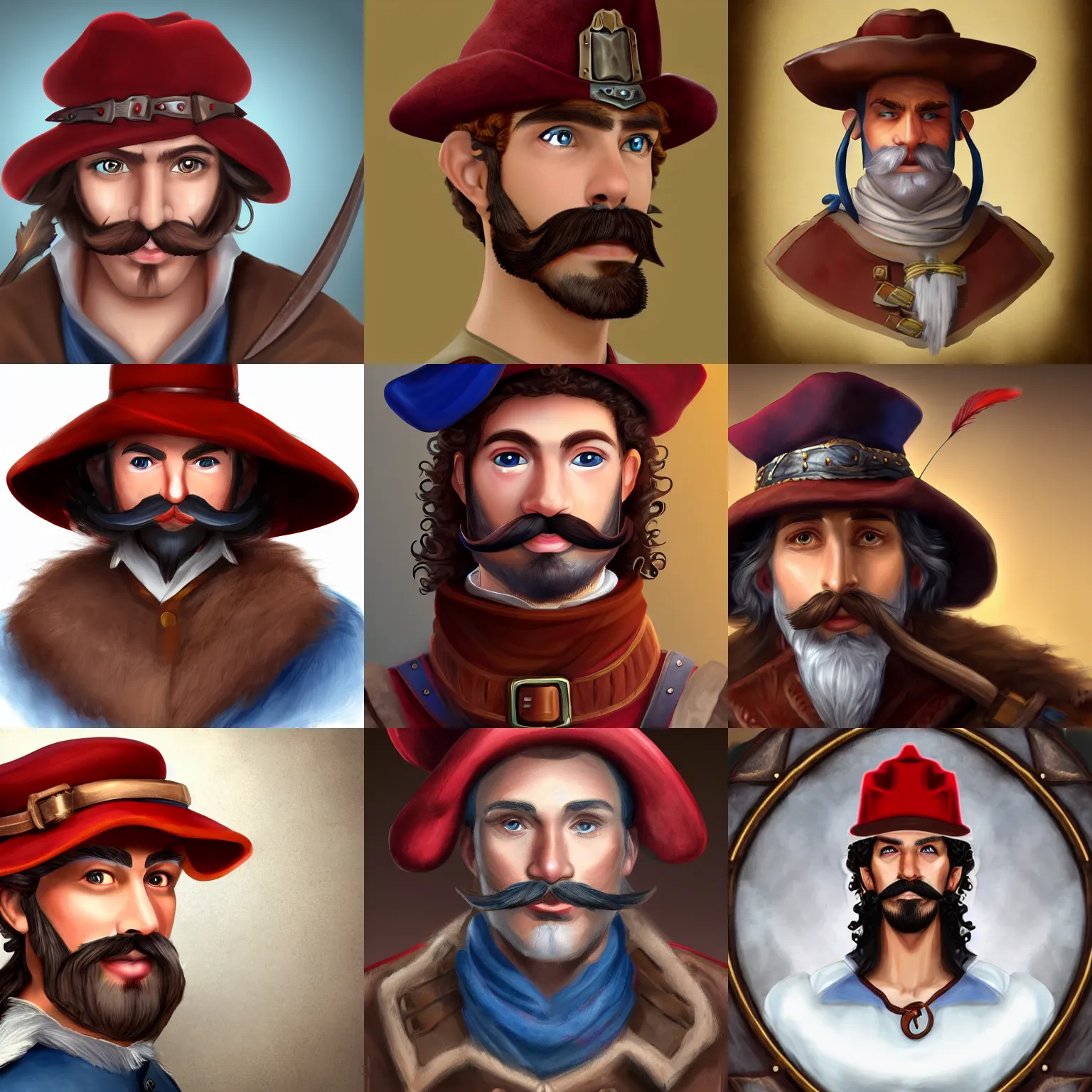 Prompt: Man with blue eyes and brown curly mustache wearing a red musketeer hat with a single feather on it. No beard only mustache. D&D Character Head and Shoulders Portrait. RPG Digital Artwork. 4K. Trending on Artstation.