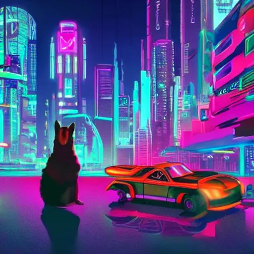 Prompt: a cyberpunk corgi in a futuristic city, flying cars, neon lights, synthwave, digital illustration