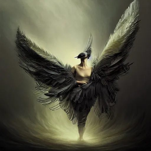 Image similar to transforming into a feathered bird, covered in feathers, wings, flight, surreal, fantasy, intricate, elegant, dramatic lighting, emotional, symbolic metaphor, highly detailed, lifelike, photorealistic, digital painting, artstation, concept art, smooth, sharp focus, illustration, art by John Collier and Krenz Cushart and Artem Demura and Alphonse Mucha and Albert Aublet