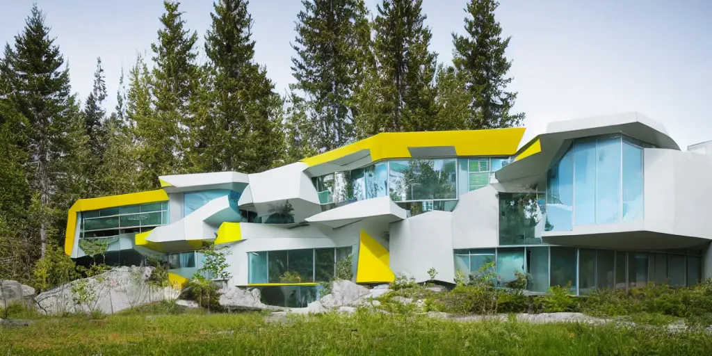 Image similar to large futuristic residence, cascadian, white concrete, large blue and green windows, yellow and green metal, triangular elements