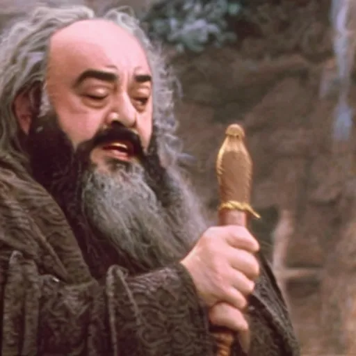 Image similar to film still of luciano pavarotti as gandalf in balrog scene in lord of the rings 2 0 0 1