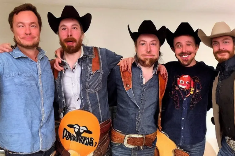 Image similar to david dressed as cowboy costume, group of 3 friends, elon musk, pewdiepie, mrbeast!!!