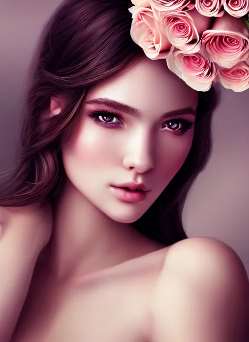 Image similar to a gorgeous female photo, professionally retouched, soft lighting, holding a bouquet of roses, realistic, smooth face, perfect eyes, wide angle, sharp focus on eyes, 8 k high definition, insanely detailed, intricate, elegant, art by artgerm and wlop