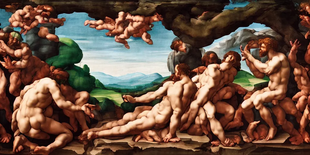 Prompt: michelangelo's The Creation of Adam masterpiece, highly detailed, wide angle, trending on ArtStation, ultra realistic