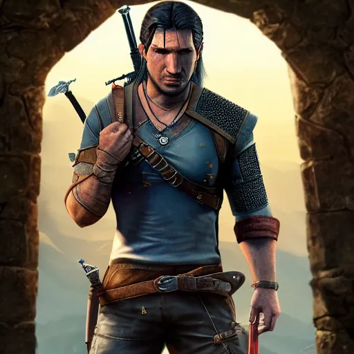 Image similar to nathan drake!!! as the witcher, the witcher 3, geralt of rivia