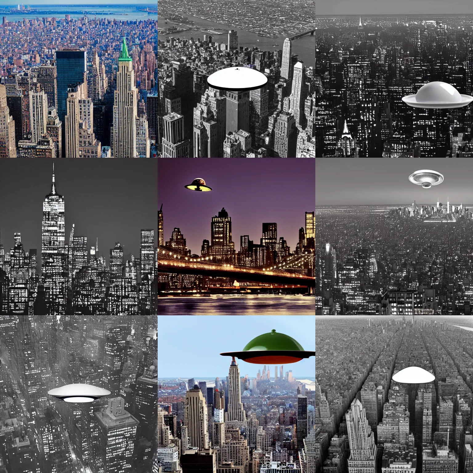 Prompt: daguerotype of a flying saucer over new york city