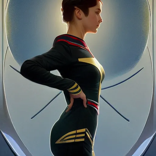 Prompt: giantess in starfleet uniform, water, intricate, elegant, highly detailed, digital painting, artstation, concept art, smooth, sharp focus, illustration, art by artgerm and greg rutkowski and alphonse mucha and william - adolphe bouguereau