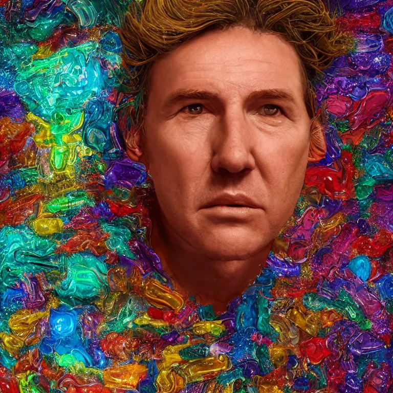 Image similar to octane render portrait by wayne barlow and carlo crivelli and glenn fabry and wes anderson, a vintage monster made out of siny reflective liquor bottles and multicolored oil puddles, cinema 4 d, ray traced lighting, very short depth of field, bokeh