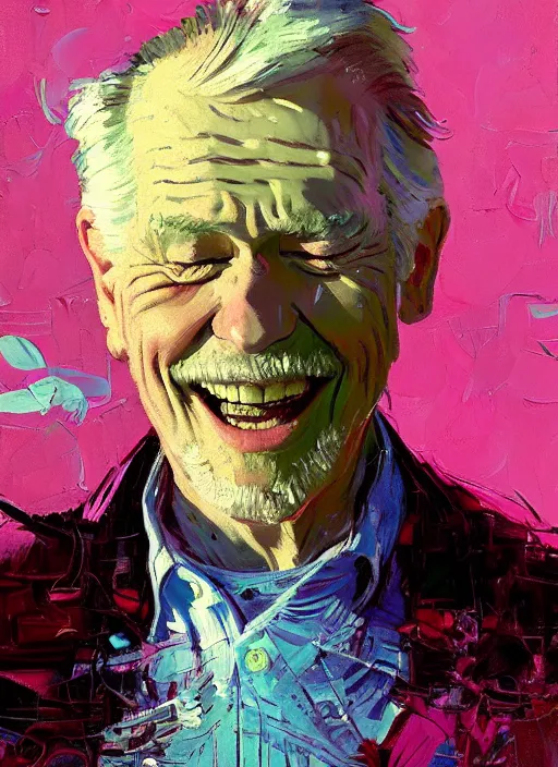 Prompt: portrait of a beautiful old man, smiling, ecstatic, dancing, eyes closed, open mouth, shades of pink and blue, beautiful face, rule of thirds, intricate outfit, spotlight, by greg rutkowski, by jeremy mann, by francoise nielly, by van gogh, digital painting