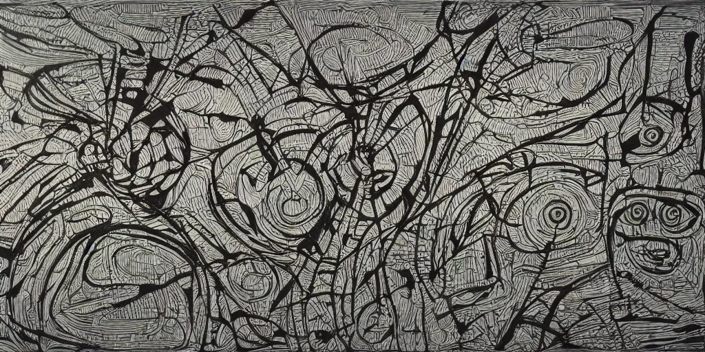 Image similar to camo of lines, technical, acrylic, teeth, eerie, tribal, clay, dots, lines, stipple, points, grid, cybernetic, old painting, swirly eyes, hypnosis