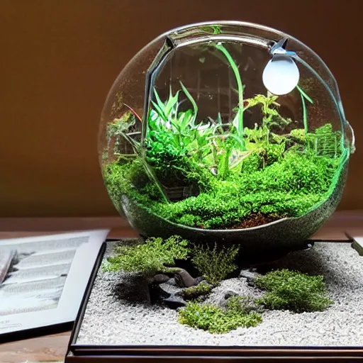 Image similar to a large terrarium with a diorama of a nuclear power industrial site inside on top of a minimalist table, lit from the side