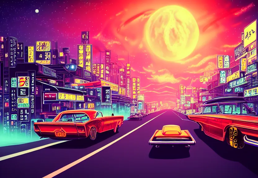 Image similar to old cars go along road away in neo - tokyo, sinthwave, steampunk, neon, magic colorful sky, magic lights, magic stars, magic sunset, big bright planet saturn in sky, realism, ultra detailed, 1 9 6 0 years, 8 k