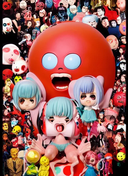 Prompt: a dramatic hyperrealistic pop surrealist oil panting of an enraged grotesque kawaii vocaloid figurine caricature screaming red in the face lunging with popping veins featured on akira by sony pictures animation made of madballs