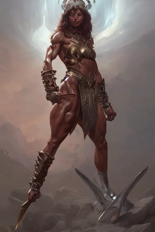 Prompt: goddess of war, accurate anatomy, fitness body, only two hands, highly detailed, digital painting, artstation, concept art, smooth, sharp focus, illustration, Unreal Engine 5, 8K, art by art by artgerm and greg rutkowski and edgar maxence