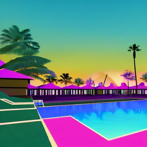 Image similar to motel, swimmingpool, sunset, palms, beach, sunset, vaporwave, pink, blue, green, purple, bryce 3 d style.