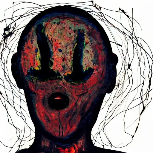 Image similar to A beautiful performance art of of a giant head. The head is bald and has a big nose. The eyes are wide open and have a crazy look. The mouth is open and has sharp teeth. The neck is long and thin. halloween by Jackson Pollock, by Shinji Aramaki experimental, minimalist