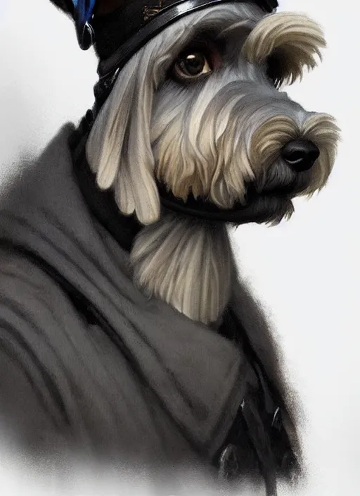 Image similar to portrait of stoic looking miniature schnauzer, military uniform, black fir, white eyebrows, fantasy, intricate, elegant, highly detailed, centered, dark, smokey, digital painting, artstation, concept art, smooth, sharp focus, illustration, art by artgerm and greg rutkowski and alphonse mucha