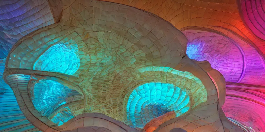 Image similar to extremely detailed awe stunning beautiful futuristic smooth curvilinear museum interior, translucent gills, hyper real, 8k, colorful, 3D cinematic volumetric light, atmospheric light