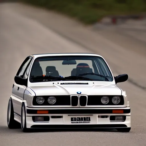 Image similar to a rolling shot of a modified bmw e 3 0 with lights on, on a street race track, motion blur, 3 5 mm photography, car photography, clean lines, realistic