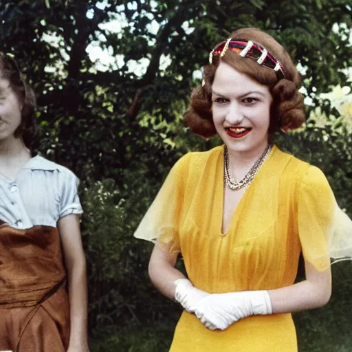Image similar to an image of a queen with tan skin long rippling cinnamon hair and emerald colored eyes in a full shot, vintage historical fantasy 1 9 3 0 s kodachrome slide german and eastern european mix. the queen is pictured attending a barbecue for youth volunteers. she is dressed in a yellow ensemble paired with green accessories.