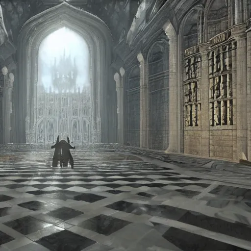 Image similar to the grand halls of anor londo, marble floors, art by kotaro chiba, volumetric lighting, epic composition