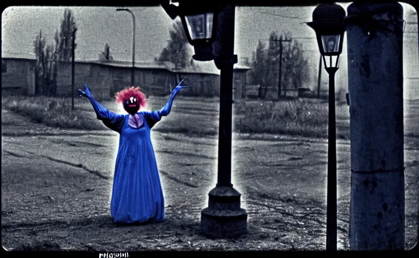 Image similar to a thin scary woman clown with scary face in torn clothes stands under a lamppost that shines a blue light on the clown, pitch darkness around the post, everything happens at night in an old Soviet village, the photo was taken from afar, Colourful, Cinematic, filmic, 35mm, dark atmosphere, horror, scary, Wildlife photography, Polaroid, bad quality