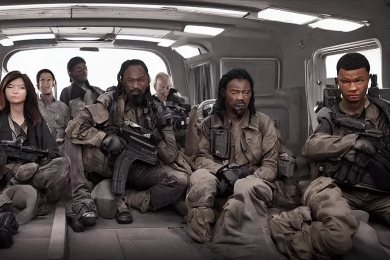 Image similar to movie diverse interracial team of Japanese robbers armed with rifles interior clean futuristic tactical van, beautiful skin, Symmetrical faces. natural lighting by Emmanuel Lubezki