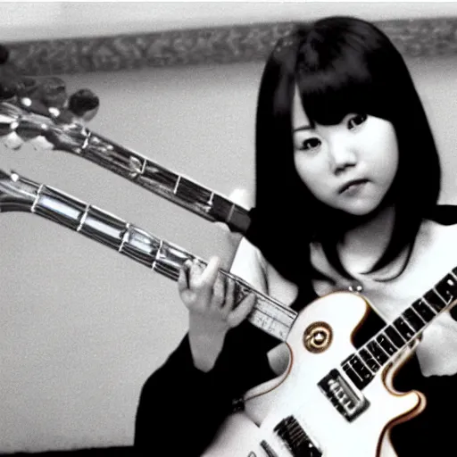 Prompt: real-life Yui Hirasawa with a Gibson Pre-'08 Les Paul Standard having fun, a still of a Japanese movie