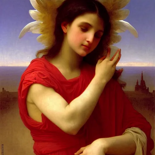 Image similar to Angel crying on top of a red ocean cube, oil painting by William-Adolphe Bouguereau