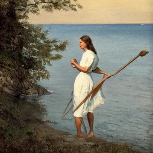 Image similar to a young woman wearing a white dress on a Swedish beach, a small rowboat is visible, in the style of zorn