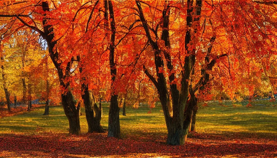 Image similar to maple trees, autumn, new jersey, northwest, farm, high quality, high detail, warm light, watercolor