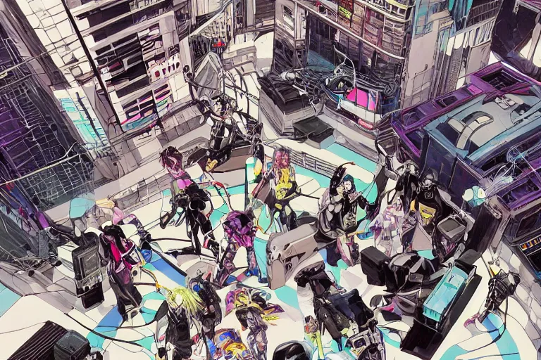 Image similar to a cyberpunk illustration of a group of four super-coherent female androids dressed in seifuku in style of masamune shirow, lying scattered across an empty, white floor with their bodies rotated in different poses and cables and wires coming out, by yukito kishiro and katsuhiro otomo, hyper-detailed, intricate, view from above, colorful