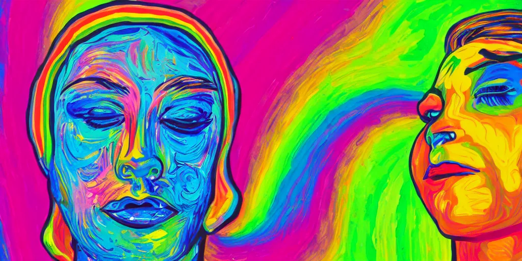 Prompt: a painting of a human head with a rainbow in the background, a pop art painting by Lisa Frank, shutterstock contest winner, psychedelic art, psychedelic, colorful, vivid colors