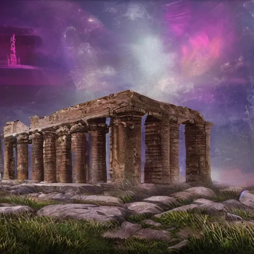 Image similar to ancient ruins in the tundra, retrowave epic art, trending on art station