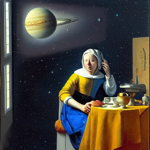 Image similar to Two space travelers sitting side by side in a space cruiser, flying between Jupiter and Saturn, the milky way galaxy in the background, oil painting by vermeer,