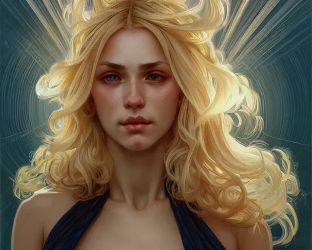 Prompt: portrait of blonde girl with mutiple heads, jump suit, vivid eyes, real life skin, intricate, elegant, highly detailed, artstation, concept art, smooth, sharp focus, art by artgerm and greg rutkowski and alphonse mucha