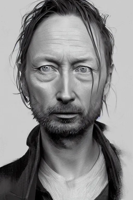 Prompt: close up portrait painting of middle aged thom yorke from radiohead, ultra realistic, concept art, intricate details, serious, highly detailed, photorealistic, octane render, 8 k, unreal engine. art by artgerm and greg rutkowski and alphonse mucha