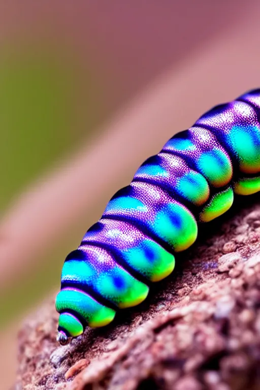 Prompt: high quality macro photo iridescent cyborg full caterpillar! cute highly detailed david ligare elson peter cinematic teal lighting high quality low angle hd 8k sharp shallow depth of field