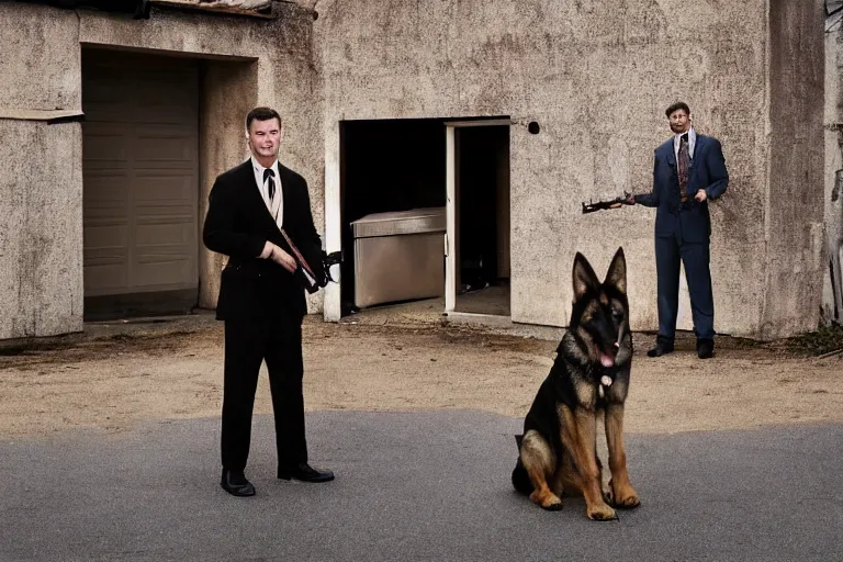 Image similar to film still of furry anthro anthropomorphic german shepard head animal person fursona wearing clothes a suit and tie standing holding a gun in a garage in an action movie posing for the camera 2020, 4k