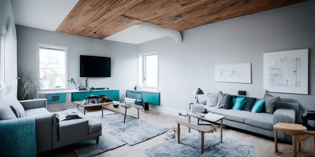 Prompt: insanely detailed wide angle architecture photography, serene small apartment, cozy contemporary living room, wood, grey, slate, white, teal, stone