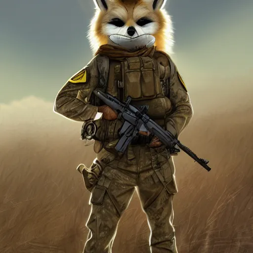 Image similar to fluffy fennec fox dressed in a modern american military soldier uniform, in apocalyptic wasteland, portrait, artstation