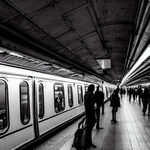 Prompt: people of rer b, subway, atmosphere, sad mood