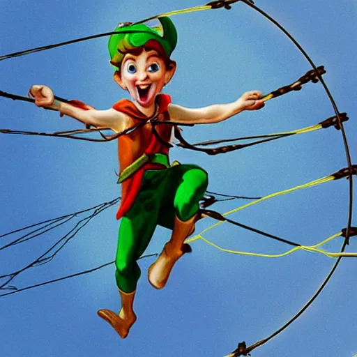 Image similar to Peter Pan caught in high voltage lines with sparks