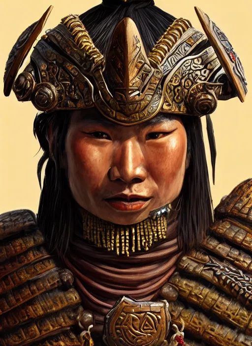 Image similar to tai warlord, closeup portrait, historical, ethnic group, traditional costume, bronze thai 👑, leather shoulder armor, fantasy, intricate, with dong son bronze artifacts, beads cross onbare chest, elegant, loin cloth, highly detailed, oill painting, artstation, concept art, matte, sharp focus, illustration, hearthstone, art by earl norem