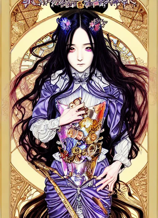 Prompt: legend of the cryptids highly detailed terada katsuya ayami kojima atrstation manga poster of princess mechine, anotherwanderer, rainbow gradient reflection, cute face by artgerm, art nouveau, long hair, armor, dress, laces, ruffles, 8 k, maximalist, golden ratio, alphonse mucha